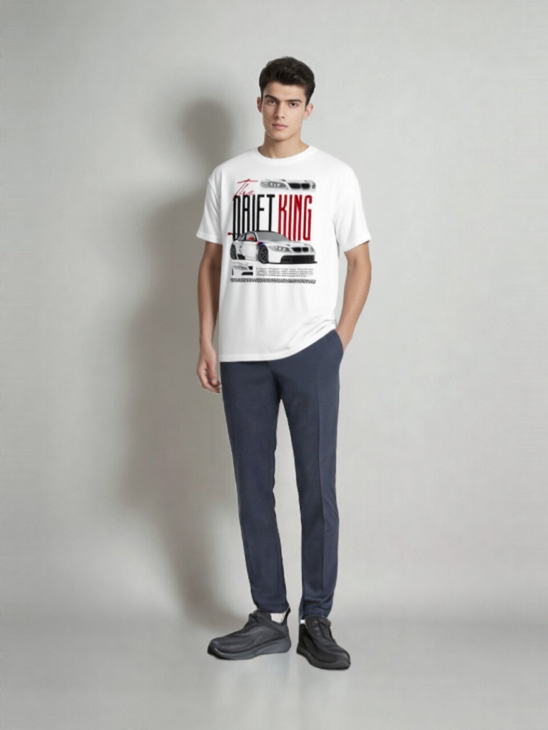 GenZudio “The Drift King” Sports Car Graphic Oversized T-Shirt for Men – White
