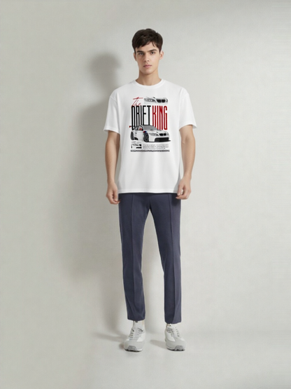 GenZudio “The Drift King” Sports Car Graphic Oversized T-Shirt for Men – White