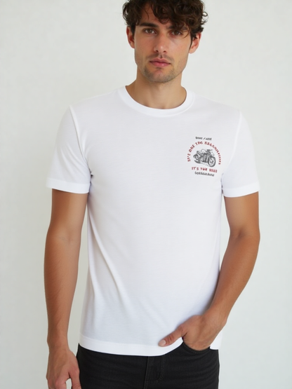 GenZudio “It’s Not the Destination, It’s the Ride” Minimal Biker Graphic Men’s T-Shirt – White