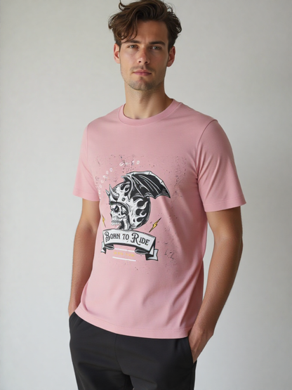 GenZudio “Born to Ride” Skull Rider Graphic Men’s T-Shirt – Pastel Dusty