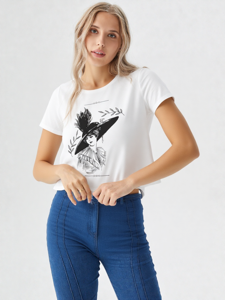 Vintage Elegance Sketch Print Women’s Crop Top – Timeless Art Fashion by GenZudio