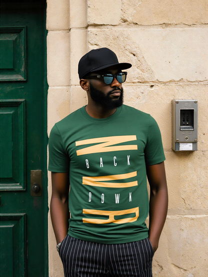 GenZudio “NVR Back Down” Vertical Motivational Graphic Men’s T-Shirt – Olive Green