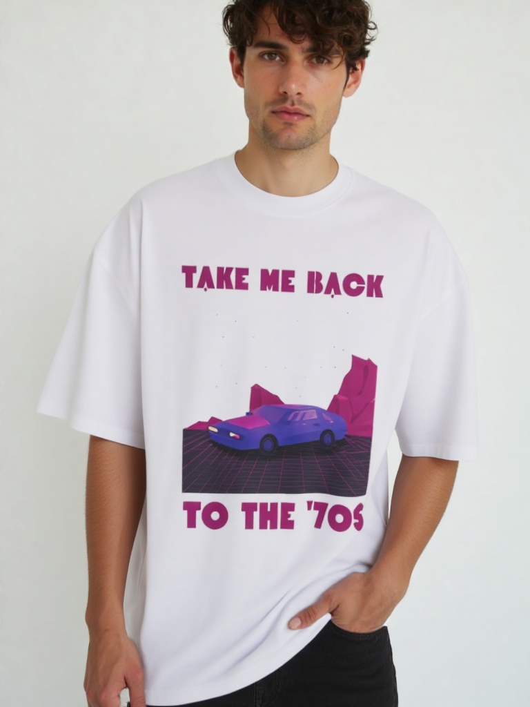 GenZudio “Take Me Back to the ’70s” Retro Car Graphic Oversized T-Shirt for Men – White