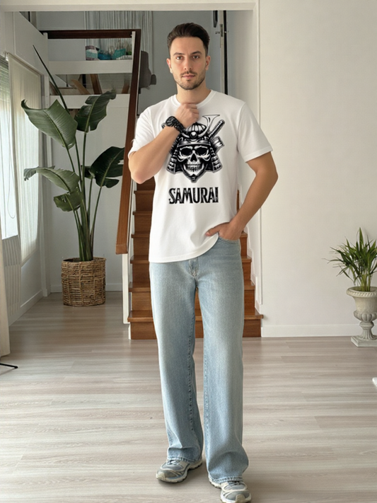 GenZudio “Samurai Skull” Premium Oversized Graphic Tee – White