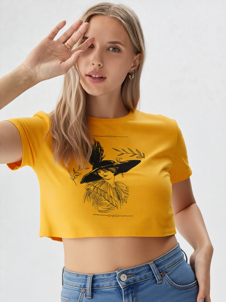 Vintage Elegance Sketch Print Women’s Crop Top – Timeless Art Fashion by GenZudio