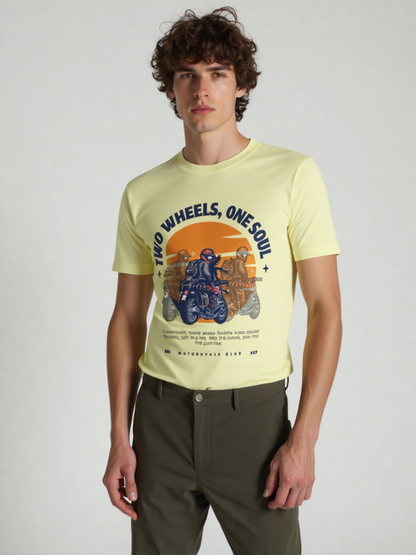 GenZudio “Two Wheels, One Soul” Men’s Biker Graphic T-Shirt – Butter Yellow