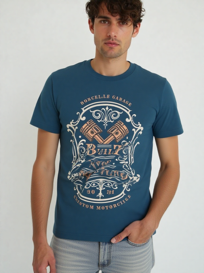 GenZudio “Built Not Bought” Vintage Biker Graphic Men’s T-Shirt – Steel Blue