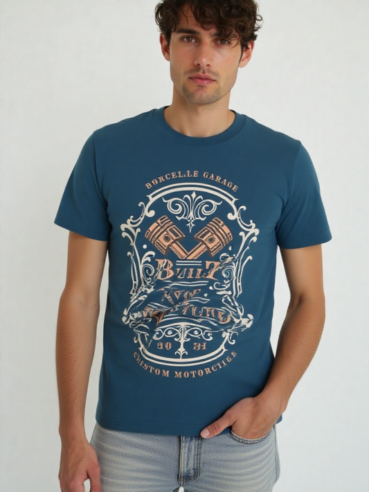 GenZudio “Built Not Bought” Vintage Biker Graphic Men’s T-Shirt – Steel Blue