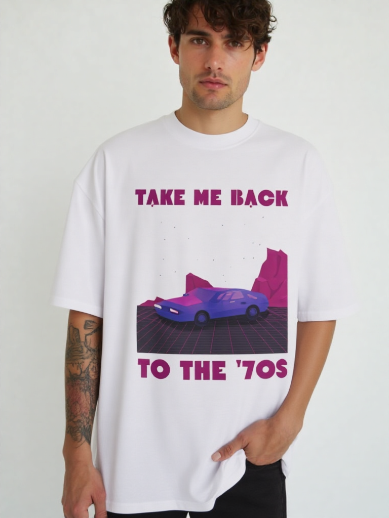 GenZudio “Take Me Back to the ’70s” Retro Car Graphic Oversized T-Shirt for Men – White