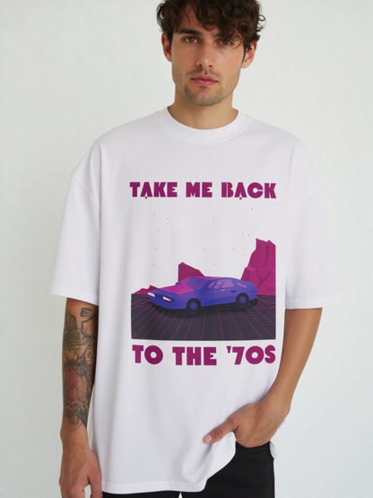 GenZudio “Take Me Back to the ’70s” Retro Car Graphic Oversized T-Shirt for Men – White