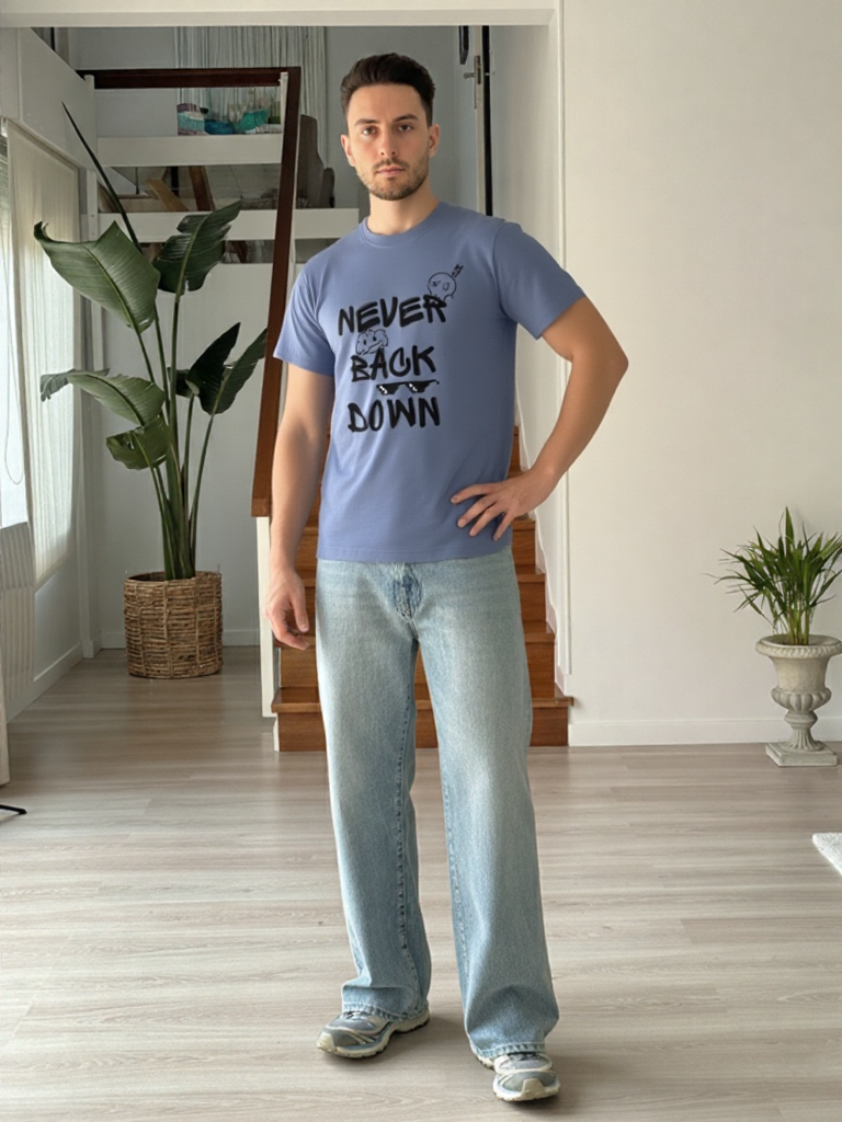 GenZudio “Never Back Down” Doodle Graphic Oversized T-Shirt for Men – Steel Grey