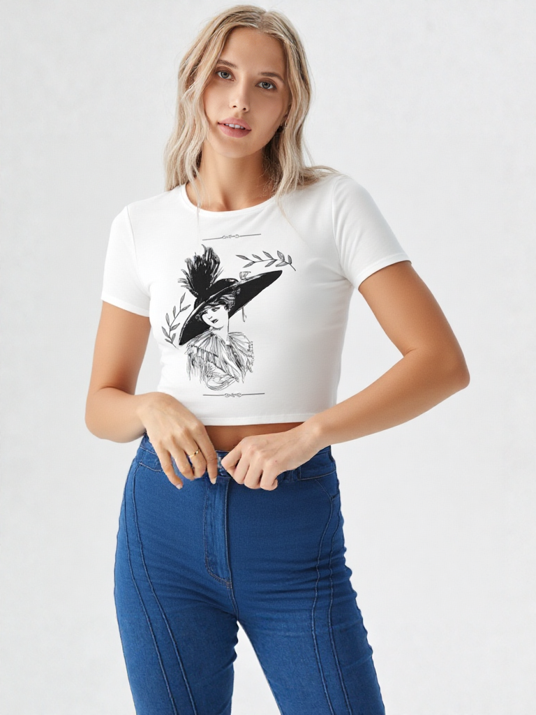 Vintage Elegance Sketch Print Women’s Crop Top – Timeless Art Fashion by GenZudio