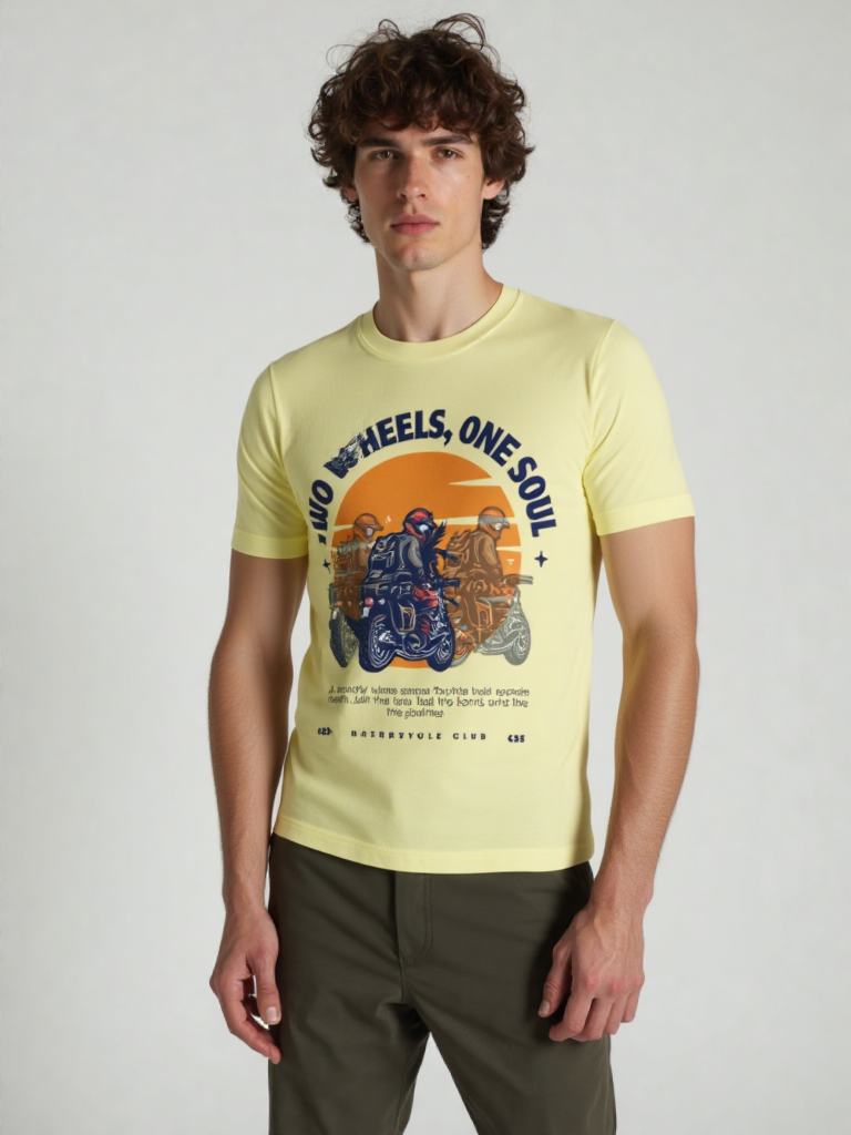 GenZudio “Two Wheels, One Soul” Men’s Biker Graphic T-Shirt – Butter Yellow