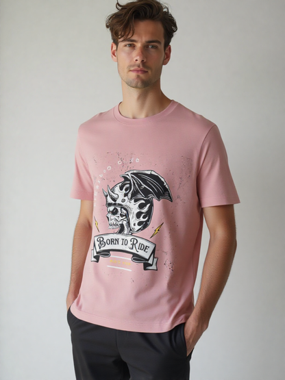 GenZudio “Born to Ride” Skull Rider Graphic Men’s T-Shirt – Pastel Dusty