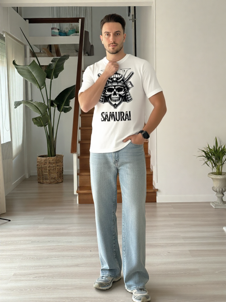 GenZudio “Samurai Skull” Premium Oversized Graphic Tee – White