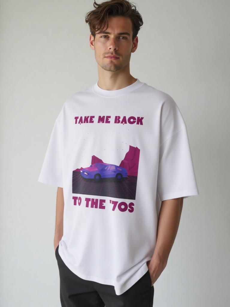 GenZudio “Take Me Back to the ’70s” Retro Car Graphic Oversized T-Shirt for Men – White