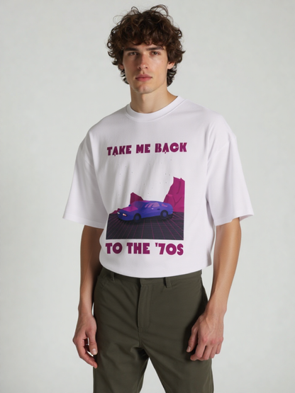 GenZudio “Take Me Back to the ’70s” Retro Car Graphic Oversized T-Shirt for Men – White