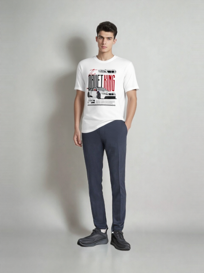 GenZudio “The Drift King” Sports Car Graphic Oversized T-Shirt for Men – White