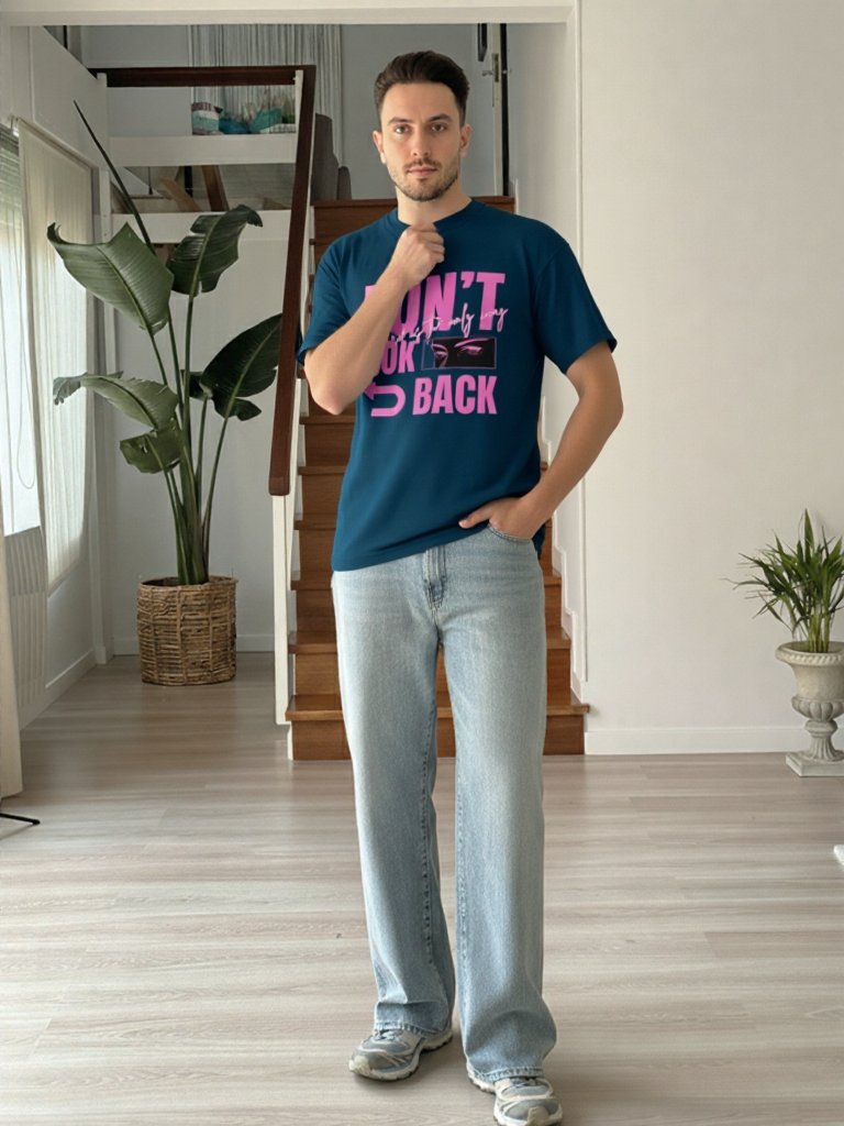 GenZudio “Don’t Look Back” Neon Pink Typography Oversized T-Shirt for Men – Navy Blue