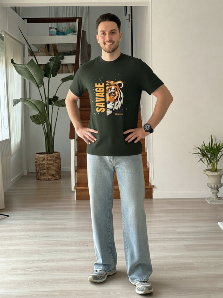 GenZudio “Savage Tiger” Half-Face Graphic Oversized T-Shirt for Men – Bottle Green