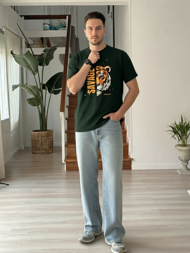 GenZudio “Savage Tiger” Half-Face Graphic Oversized T-Shirt for Men – Bottle Green