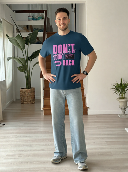 GenZudio “Don’t Look Back” Neon Pink Typography Oversized T-Shirt for Men – Navy Blue