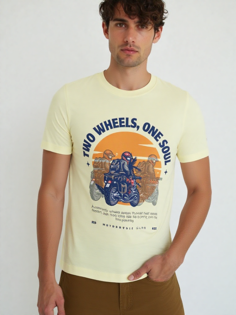 GenZudio “Two Wheels, One Soul” Men’s Biker Graphic T-Shirt – Butter Yellow