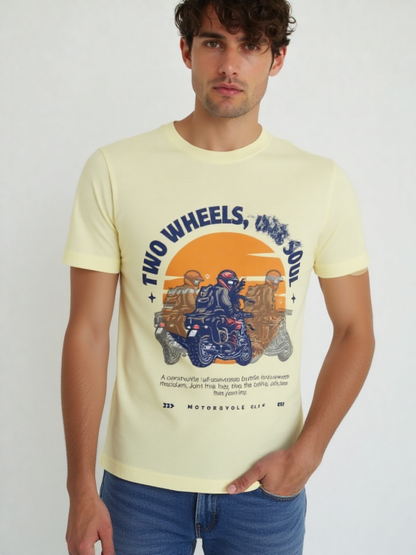 GenZudio “Two Wheels, One Soul” Men’s Biker Graphic T-Shirt – Butter Yellow