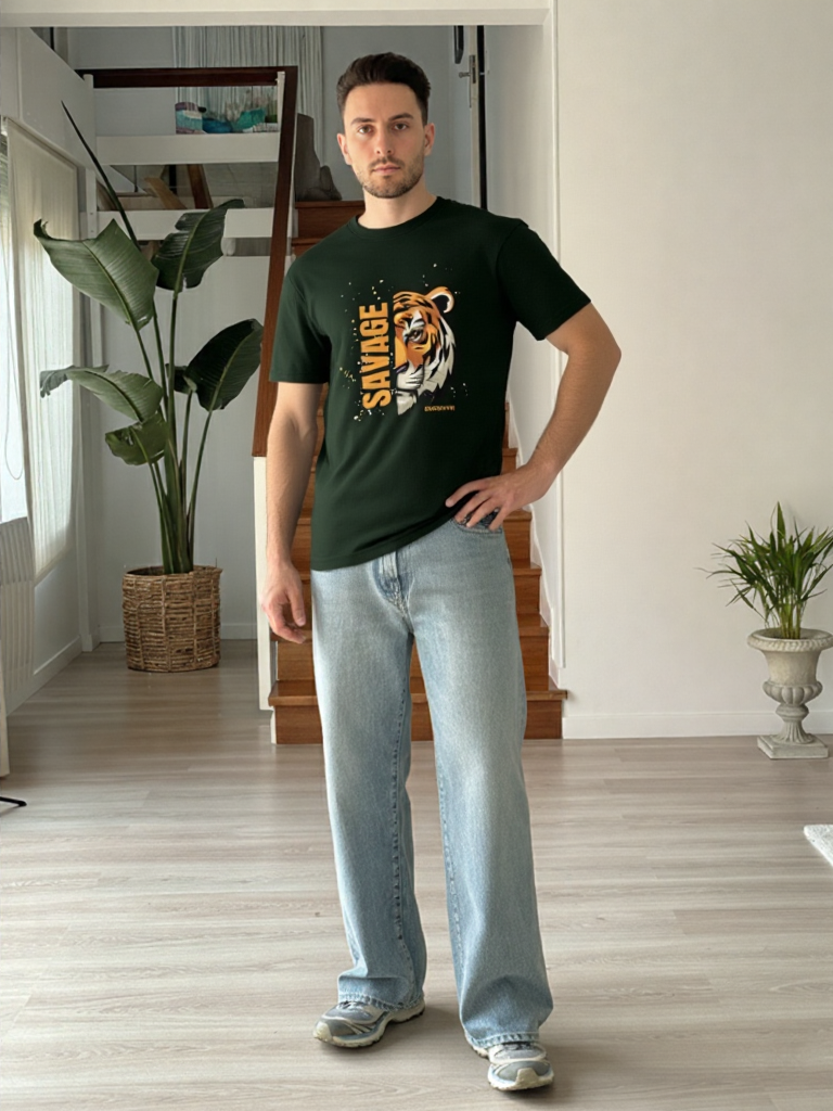 GenZudio “Savage Tiger” Half-Face Graphic Oversized T-Shirt for Men – Bottle Green