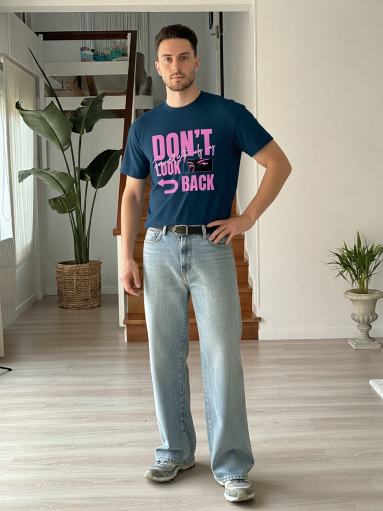 GenZudio “Don’t Look Back” Neon Pink Typography Oversized T-Shirt for Men – Navy Blue