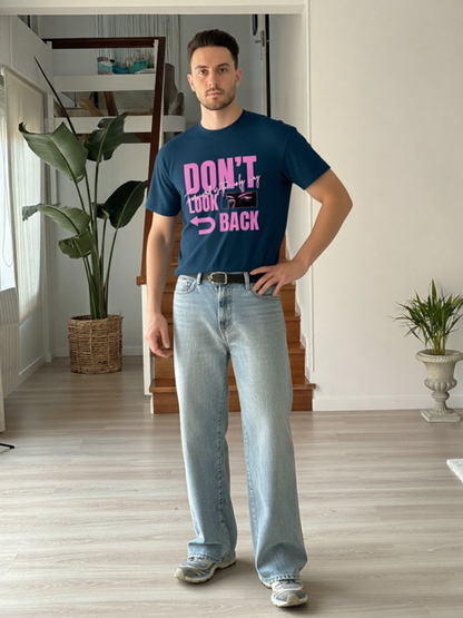 GenZudio “Don’t Look Back” Neon Pink Typography Oversized T-Shirt for Men – Navy Blue