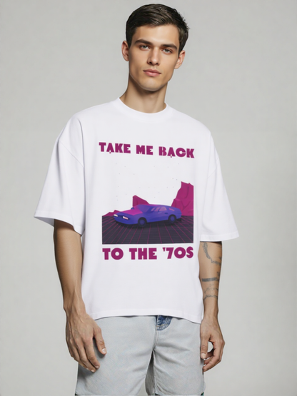 GenZudio “Take Me Back to the ’70s” Retro Car Graphic Oversized T-Shirt for Men – White
