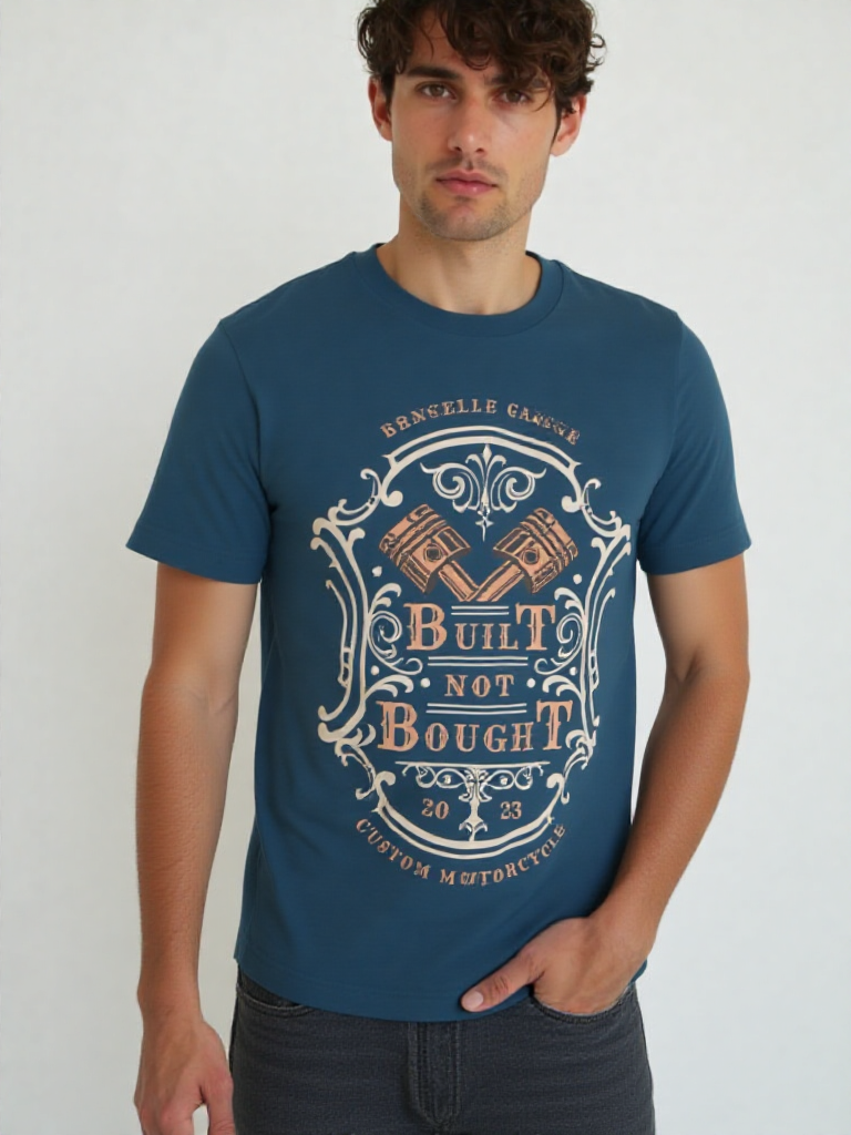 GenZudio “Built Not Bought” Vintage Biker Graphic Men’s T-Shirt – Steel Blue