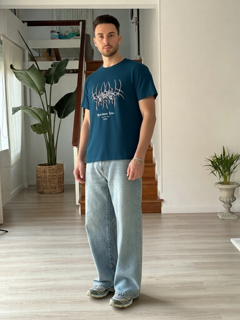 GenZudio “Warbiere Inc.” Metalcore Abstract Spine Graphic Oversized T-Shirt for Men – Navy Blue