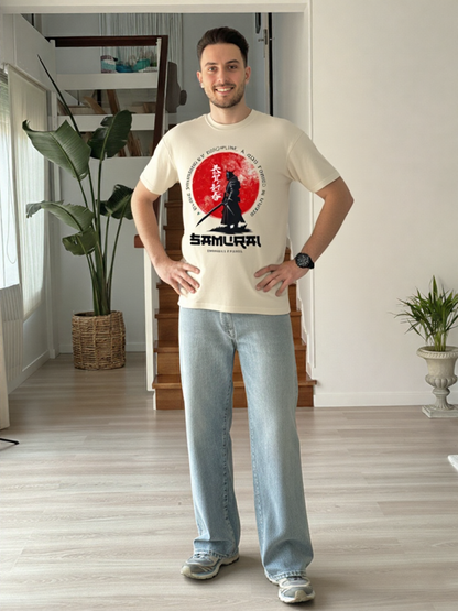 GenZudio “Samurai Spirit” Japanese Warrior Graphic Oversized T-Shirt for Men – Off White