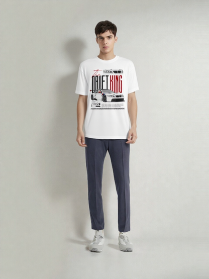 GenZudio “The Drift King” Sports Car Graphic Oversized T-Shirt for Men – White