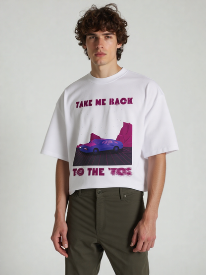GenZudio “Take Me Back to the ’70s” Retro Car Graphic Oversized T-Shirt for Men – White