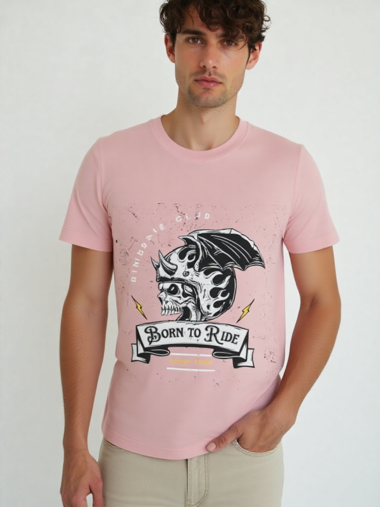 GenZudio “Born to Ride” Skull Rider Graphic Men’s T-Shirt – Pastel Dusty