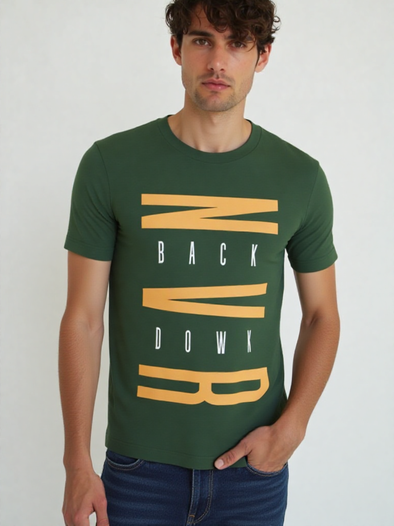GenZudio “NVR Back Down” Vertical Motivational Graphic Men’s T-Shirt – Olive Green