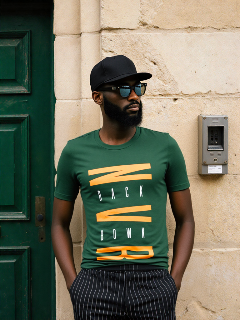 GenZudio “NVR Back Down” Vertical Motivational Graphic Men’s T-Shirt – Olive Green