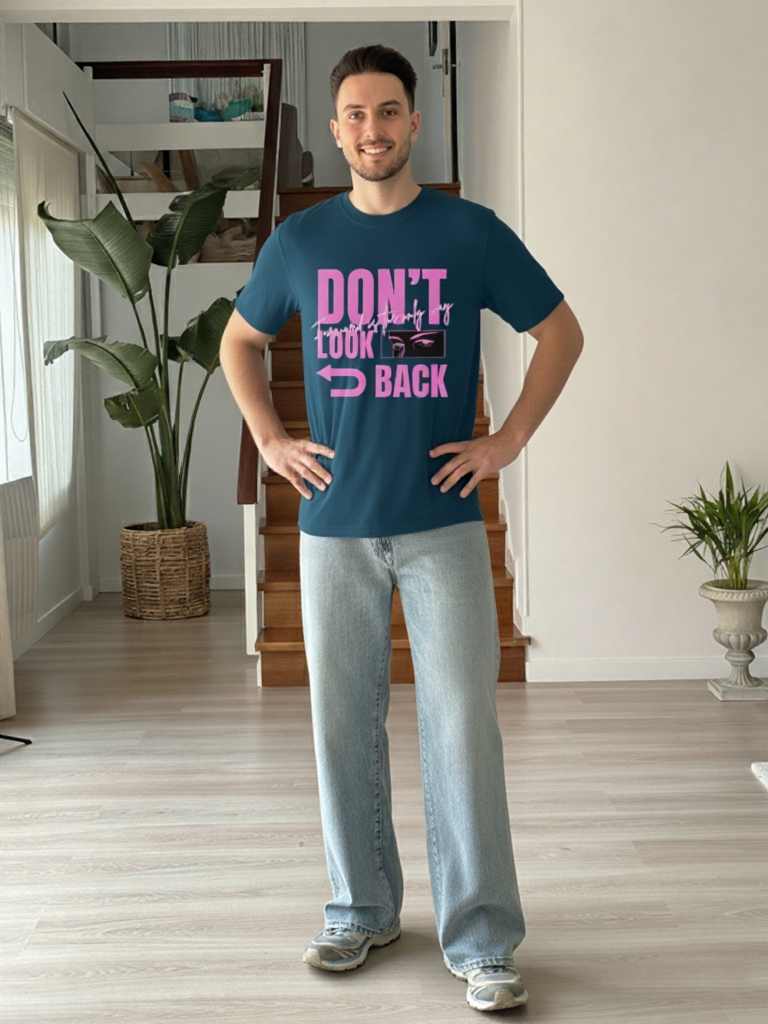 GenZudio “Don’t Look Back” Neon Pink Typography Oversized T-Shirt for Men – Navy Blue