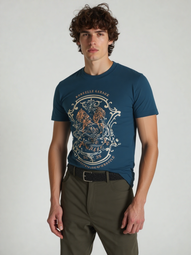 GenZudio “Built Not Bought” Vintage Biker Graphic Men’s T-Shirt – Steel Blue