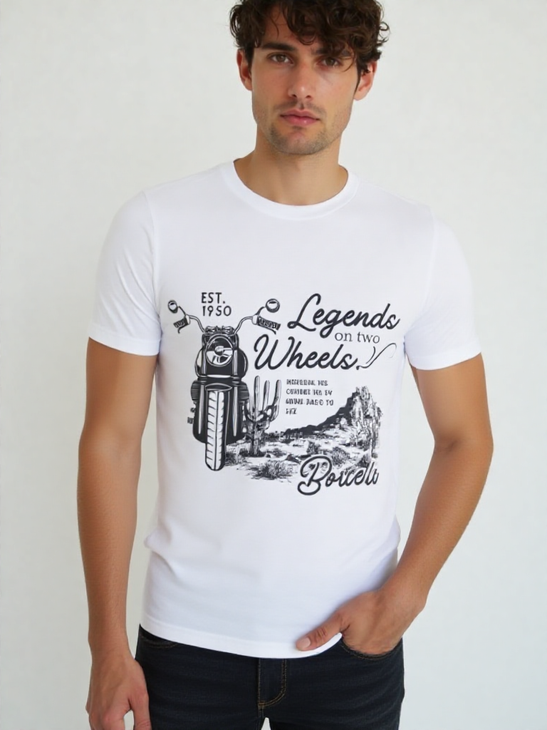 GenZudio “Legends on Two Wheels” Vintage Motorcycle Graphic Men’s T-Shirt – White