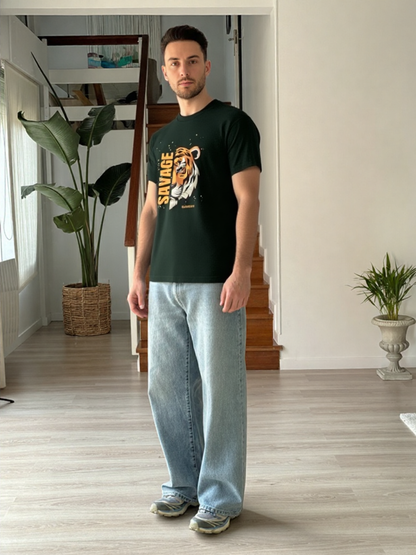 GenZudio “Savage Tiger” Half-Face Graphic Oversized T-Shirt for Men – Bottle Green