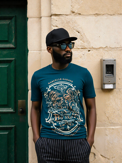 GenZudio “Built Not Bought” Vintage Biker Graphic Men’s T-Shirt – Steel Blue