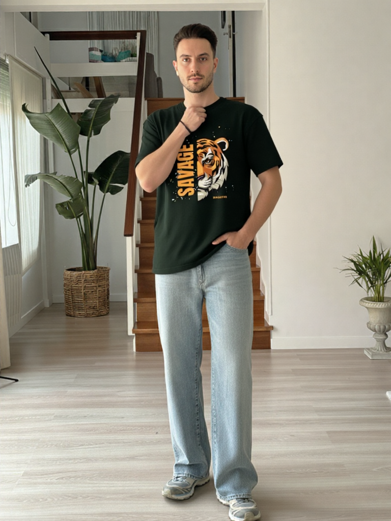 GenZudio “Savage Tiger” Half-Face Graphic Oversized T-Shirt for Men – Bottle Green