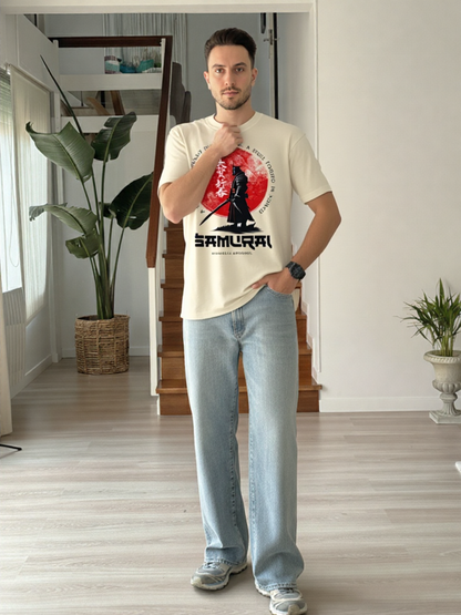 GenZudio “Samurai Spirit” Japanese Warrior Graphic Oversized T-Shirt for Men – Off White