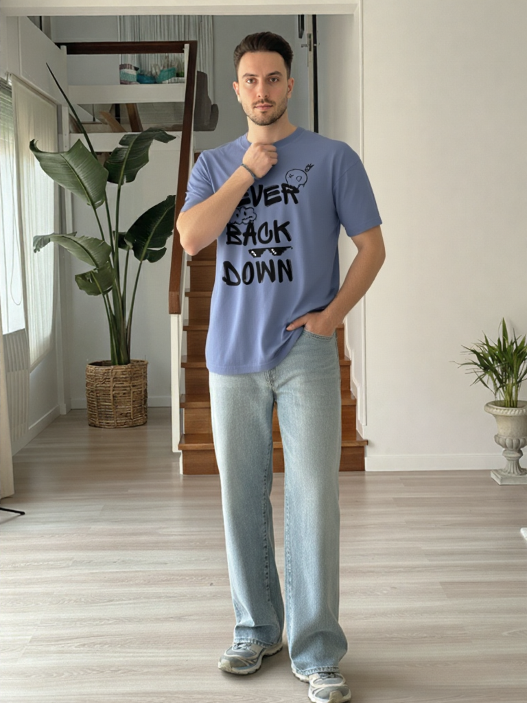 GenZudio “Never Back Down” Doodle Graphic Oversized T-Shirt for Men – Steel Grey