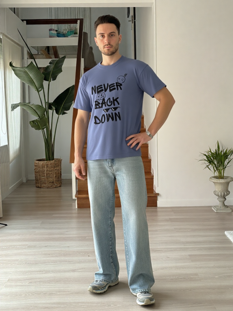 GenZudio “Never Back Down” Doodle Graphic Oversized T-Shirt for Men – Steel Grey