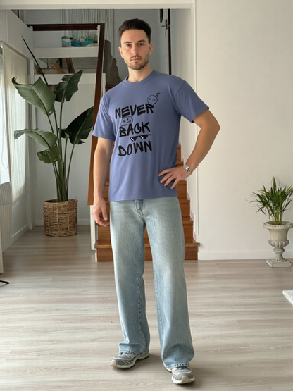 GenZudio “Never Back Down” Doodle Graphic Oversized T-Shirt for Men – Steel Grey